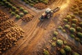 Aerial View of Indian Potato Harvest Tractor and Farmer Working in a Muddy Field