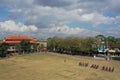 Aerial view of Indonesian National Police officers marching in a football field in Ubud Bali Indonesia