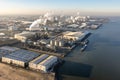 Aerial view industrial park with harbors and chemical plant