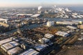 Aerial view industrial park with harbors and chemical plant