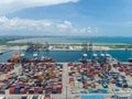 Aerial view of industrial port with containers, Large container vessel unloaded in Port. Royalty Free Stock Photo