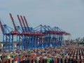 Aerial view of industrial scenery around the River Elbe port in Hamburg, Germany