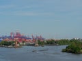 Aerial view of industrial scenery around the River Elbe port in Hamburg, Germany