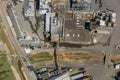 Aerial view chemical industry production building with tanks for the storage of materials