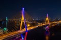 Aerial view of Industry Ring Suspending bridge at night in Bangkok. Royalty Free Stock Photo