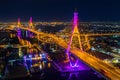 Aerial view of Industry Ring Suspending bridge at night in Bangkok, Thailand. Royalty Free Stock Photo