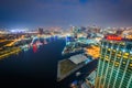 Aerial view of the Inner Harbor at night, in Baltimore, Maryland Royalty Free Stock Photo