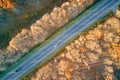 Aerial view of intercity road with fast driving cars between autumn forest trees at sunset. Top view from drone of Royalty Free Stock Photo