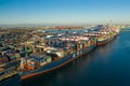 Aerial view of intermodal, container ships docked at Long Beach port in California USA