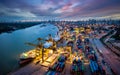 Aerial view of international port with Crane loading containers