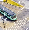 Aerial view of an intersection with tram