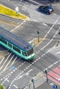 Aerial view of an intersection with tram