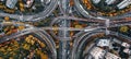 Aerial view of intricate multilevel highway junction interchange on expressway network