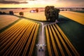 Aerial view of irrigation automation in farm fields at sunset. Royalty Free Stock Photo