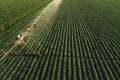 Aerial view of irrigation equipment watering green soybean crops Royalty Free Stock Photo