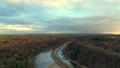 Aerial view of Isar River in Munich, Germany Upper Bavaria at sunset in sunny autumn weather. Drone view of Isar River