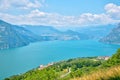 Aerial view of Iseo lake and Siviano village from Monte Isola in Italy Royalty Free Stock Photo