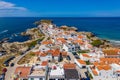 Aerial view of island Baleal naer Peniche on the shore of the ocean in west coast of Portugal. Baleal Portugal with incredible