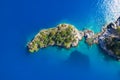 Aerial view of island in blue lagoon near Oludeniz, Fethiye district, Turkey