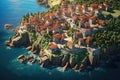 Aerial view of the island of Sveti Stefan in Montenegro. Aerial view on the old town. Vacation and adventure. Town and sea, AI