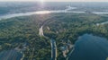 Aerial view of the island. Trees. Forest. The Dnieper River. Summer. Day. Kiev. Ukraine. Royalty Free Stock Photo