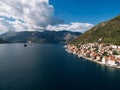 Aerial view of the islands of the Bay of Kotor and the coast of Perast. Montenegro