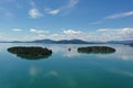 Aerial view of islands and distant mountains in Flathead Lake, Montana. Royalty Free Stock Photo