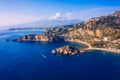 Aerial view of Isola Bella in Taormina, Sicily, Italy. Isola Bella is small island near Taormina, Sicily, Italy. Narrow path Royalty Free Stock Photo