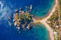 Aerial view of Isola Bella in Taormina, Sicily, Italy. Isola Bella is small island near Taormina, Sicily, Italy. Narrow path Royalty Free Stock Photo