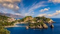 Aerial view of Isola Bella in Taormina, Sicily, Italy. Isola Bella is small island near Taormina, Sicily, Italy. Narrow path Royalty Free Stock Photo