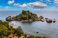 Aerial view of Isola Bella in Taormina, Sicily, Italy. Isola Bella is small island near Taormina, Sicily, Italy. Narrow path Royalty Free Stock Photo