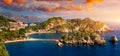 Aerial view of Isola Bella in Taormina, Sicily, Italy. Isola Bella is small island near Taormina, Sicily, Italy. Narrow path Royalty Free Stock Photo