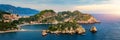 Aerial view of Isola Bella in Taormina, Sicily, Italy. Isola Bella is small island near Taormina, Sicily, Italy. Narrow path Royalty Free Stock Photo