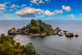 Aerial view of Isola Bella in Taormina, Sicily, Italy. Isola Bella is small island near Taormina, Sicily, Italy. Narrow path Royalty Free Stock Photo