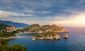 Aerial view of Isola Bella in Taormina, Sicily, Italy. Isola Bella is small island near Taormina, Sicily, Italy. Narrow path Royalty Free Stock Photo