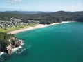 Aerial view of an isolated island on a sunny day. Onemana beach, whangamata Royalty Free Stock Photo