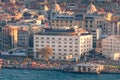 Aerial view of Istanbul embankment with crowds of people and water front hotels