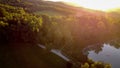 Aerial view of italian countryside at sunset with sun beams Royalty Free Stock Photo