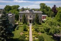 aerial view of italianate buildings windows, garden, and driveway