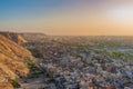 Aerial view of Jaipur city scape from the sun temple view point near Galtaji Temple or the Monkey Palace in senset moment