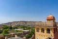 Aerial view of Jaipur city scape from the sun temple view point near Galtaji Temple or the Monkey Palace in senset moment