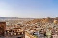 Aerial view of Jaipur cityscape from the sun temple view point near Galtaji Temple or the Monkey Palace in senset moment, Jaipur,