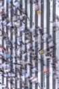 Aerial view of a japanese pedestrian passage in Tokyo painted with white stripes on the black asphalt used by the traffic of cars