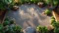 Aerial view of a Japanese rock garden with intricate raked sand patterns, lush miniature greenery Royalty Free Stock Photo