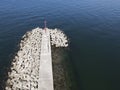 Aerial view of jetty with concrete blocks