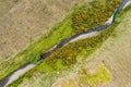 Aerial view of Joyce\'s river winding down below in Connemara region in Ireland. Irish countryside landscape, County Galway, Royalty Free Stock Photo