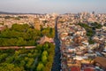 Aerial view of Kaiyuan Temple, the largest buddhist temple in Fujian Province, and West Street at dusk in Quanzhou, China