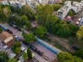 Aerial view of Kalamata Municipal Railway Park. The only open air museum of its kind in Greece and popular among all railway