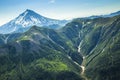 Aerial view of Kamchatka volcanos and valleys