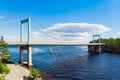 Aerial view of Karisalmi bridge on Pulkkilanharju Ridge at lake Paijanne, Paijanne National Park, Finland